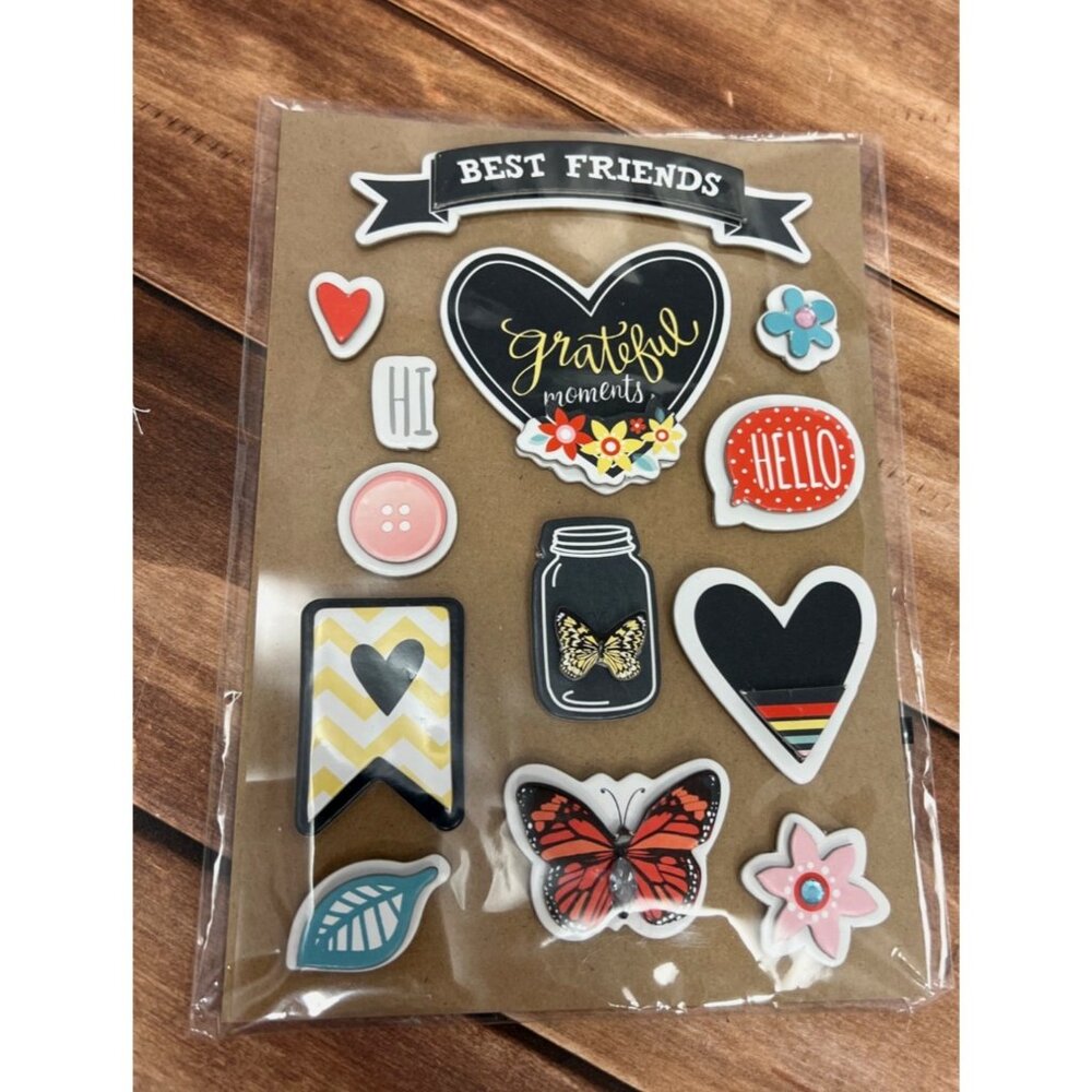 13 3D Embellishment Stickers Best Friend Theme With Heart BUTTERFLY FLOWER